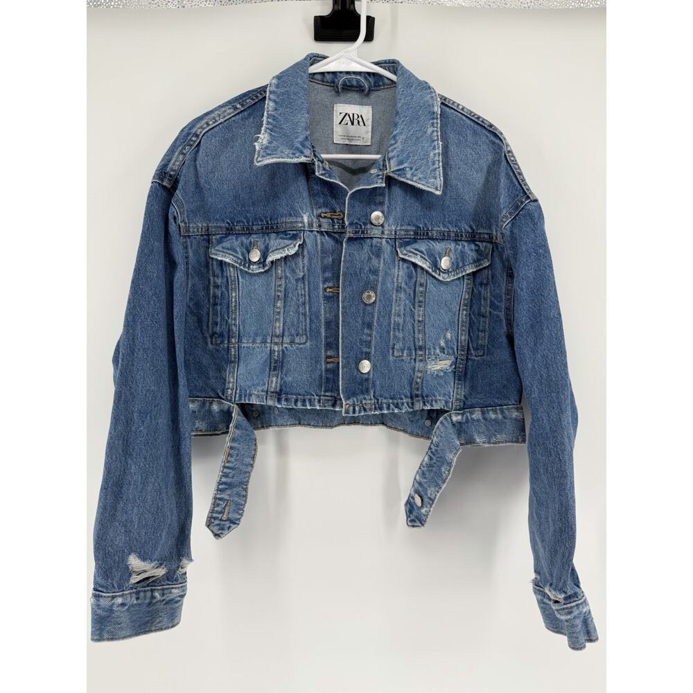 Zara Cropped Jacket Womens XS Blue Denim Button Front Authentic Distressed